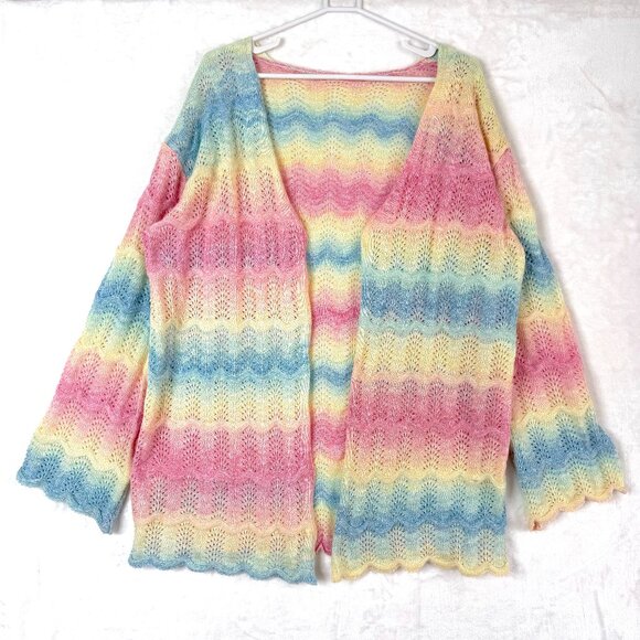 Pastel Rainbow Open Knit Crochet Open Front Longline Cardigan Sweater Womens 3XL - Picture 1 of 5